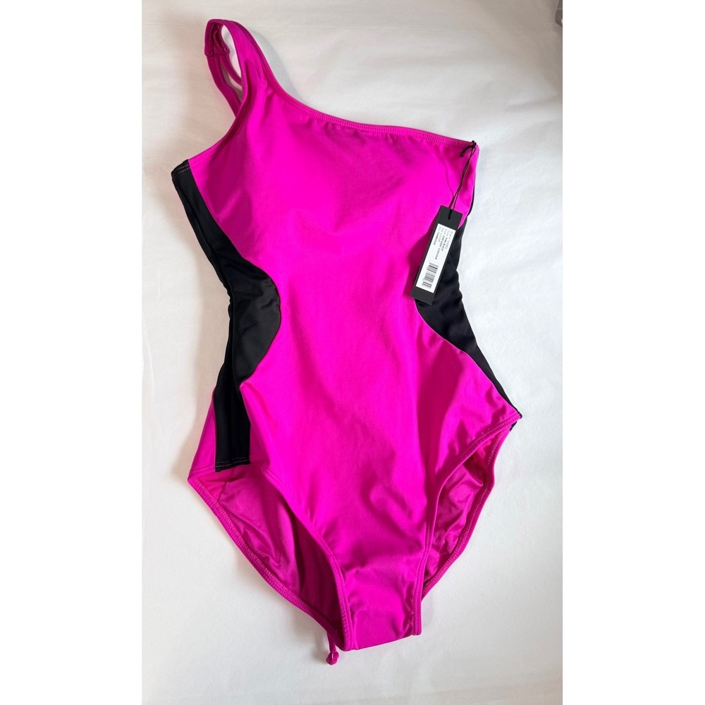 TA3 One Sidey Contour Swimsuit Pink Black One Shoulder Lace Up Corset S Short